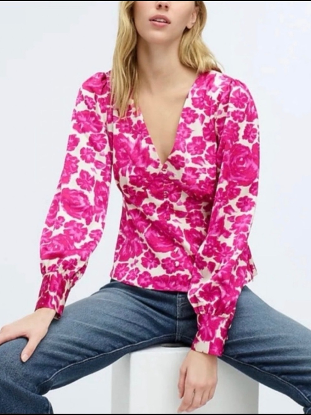 J. Crew Fuchsia Floral V-Neck Puff Sleeve Blouse